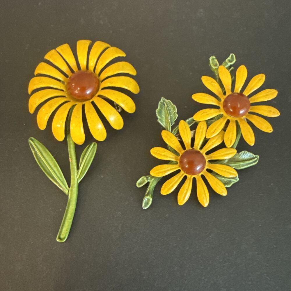 Vintage Enamel Sunflower Black Eyed Susan Daisy Brooches - Set Of 2